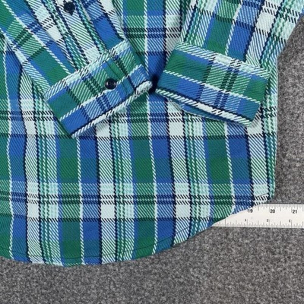 Outerknown Mens M Flannel Plaid Blanket Shirt Blue Green Heavy Shacket Button Up - Picture 6 of 14